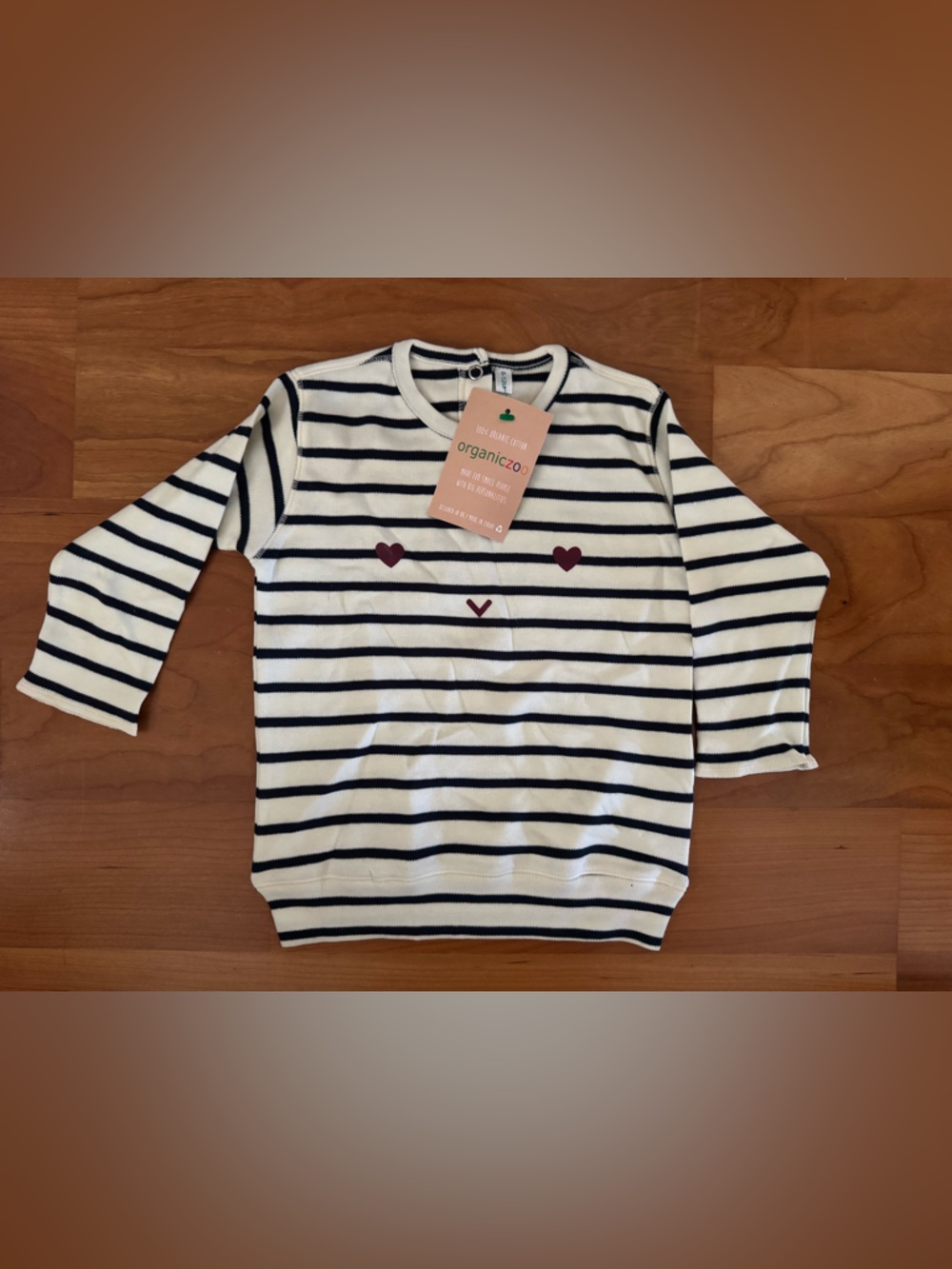 Organic Stripe Long-Sleeve Tee with Heart Accents - Cream & Navy
